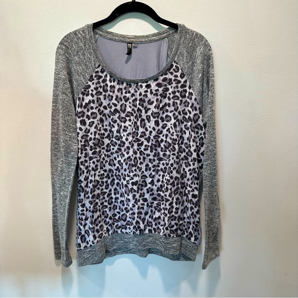 KUT Animal Print Two-Tone Knit Mixed Material Long Sleeve Top Women’s Size Large